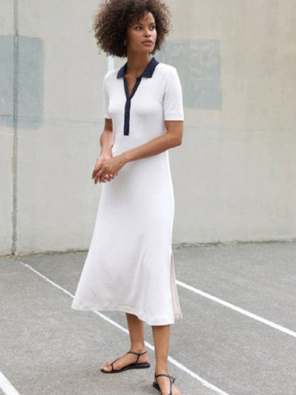 AYR The Scout Dress in Seashell (cream) Polo Midi Dress with Contrast Navy Trim